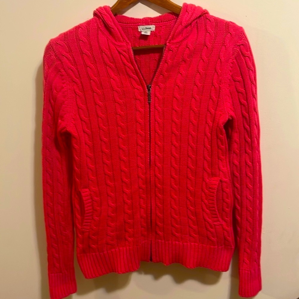L.L.Bean cable knit full zip sweater hoodie XS red like new